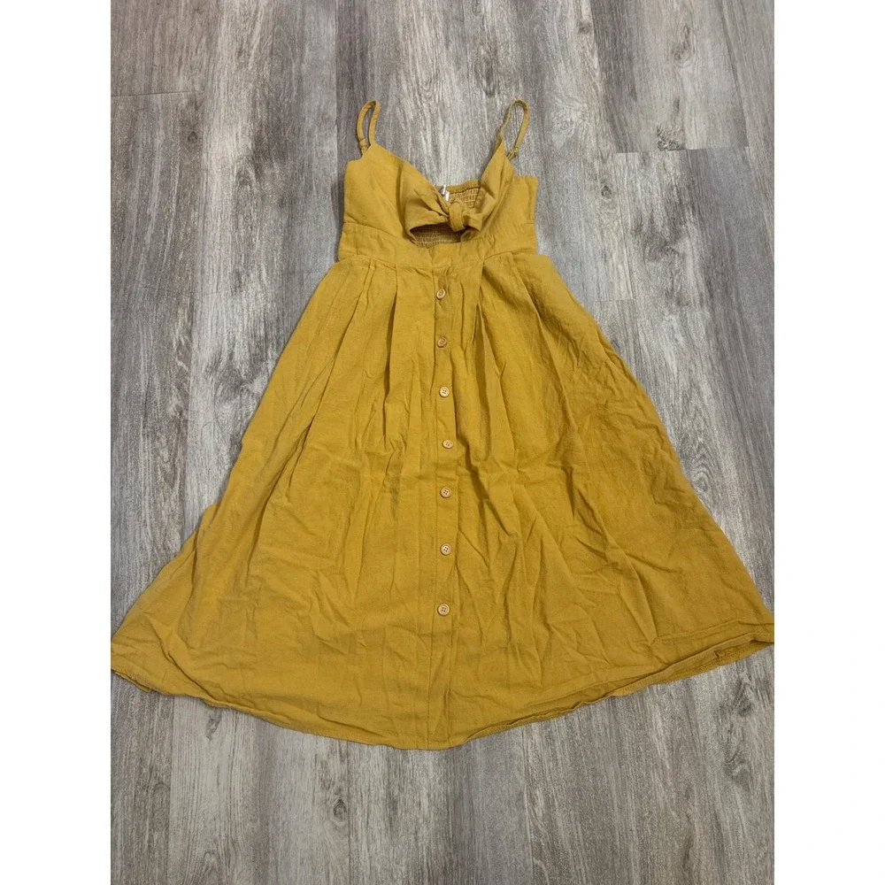 Hello‎ Molly Mustard Yellow Tie Front Cutout Button Down Midi Dress Size Small - Picture 2 of 7